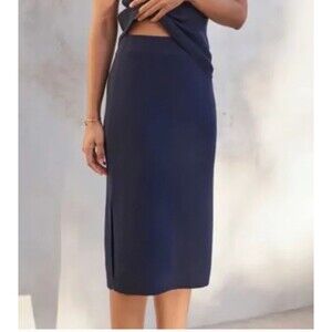 AYR SKIRT Women Small Blue The Curator Ribbed Midi Pencil Minimalist Wool Blend
